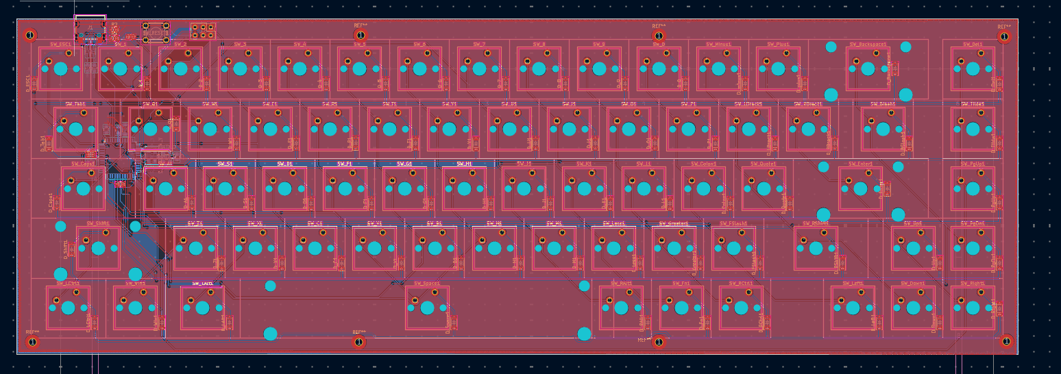 KiCad PCB layout of Vlad Vine's custom 65 percent mechanical keyboard